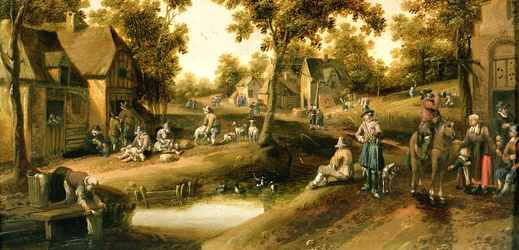 Scène de Village avec Paysans sur les Rives d